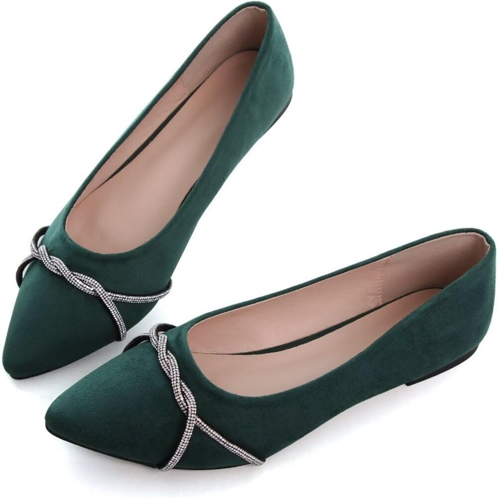 Women's Dark Green Casual Flats Fashion Chain Pointed Toe Ballet Flat Rhinestone - Picture 5 of 7
